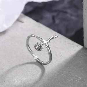 925 Sterling Silver Rose Band Ring Open Ring Ajustable Wide Band Line Rings